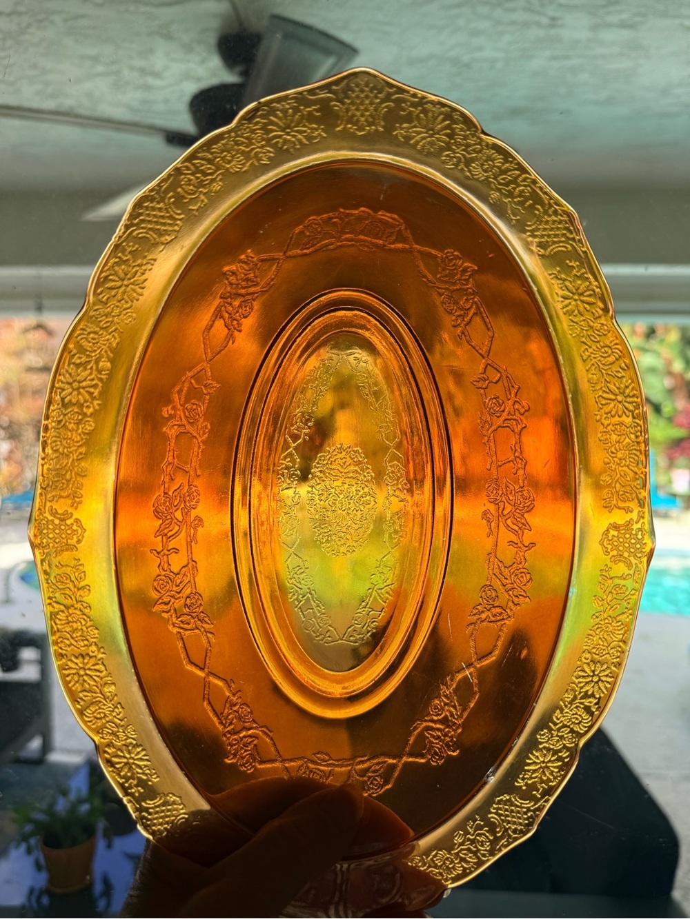 Vintage Federal Glass Normandie Amber Iridescent Bread Tray 13β Oval Flaws